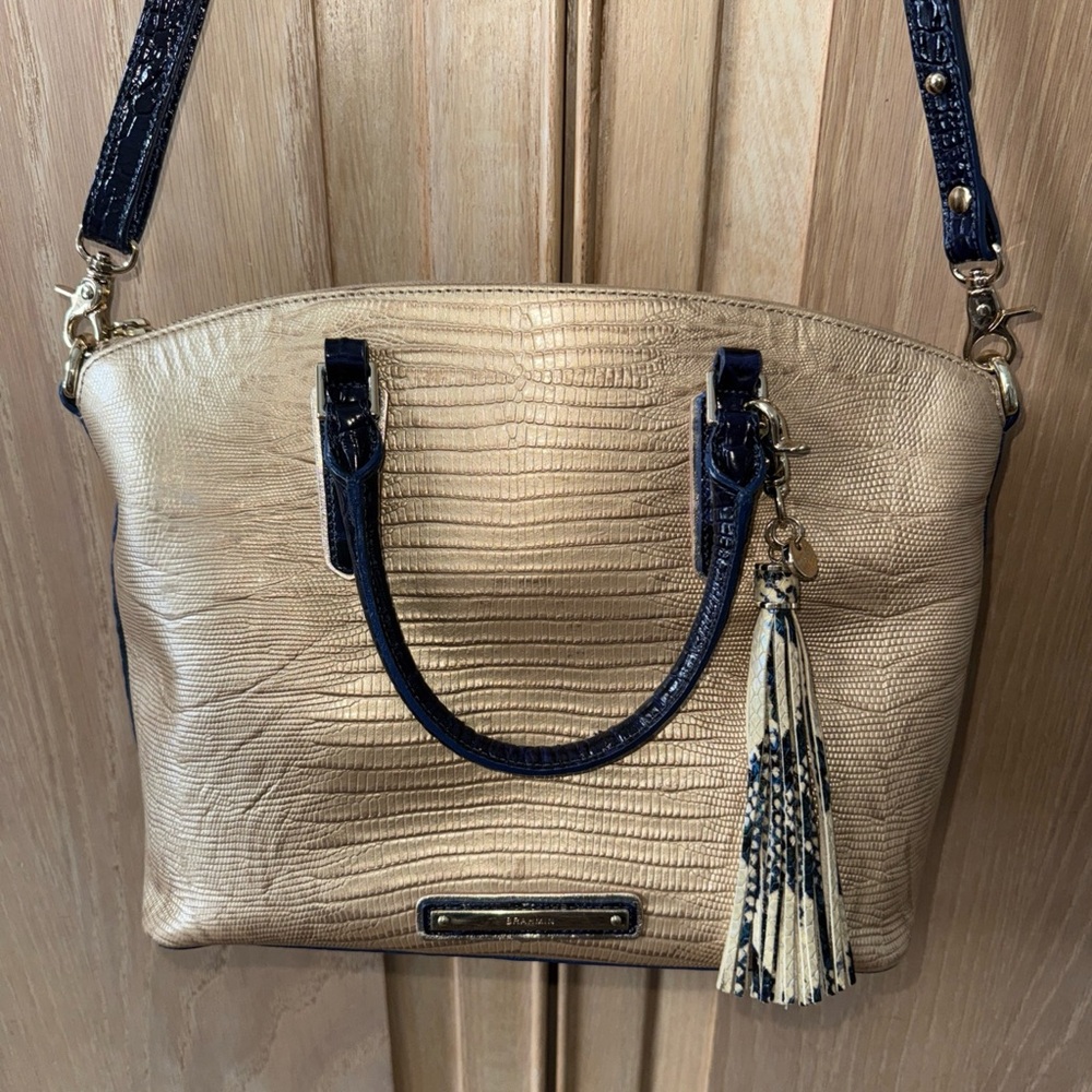 Brahmin Gold and Navy Tote Bag with Tassel